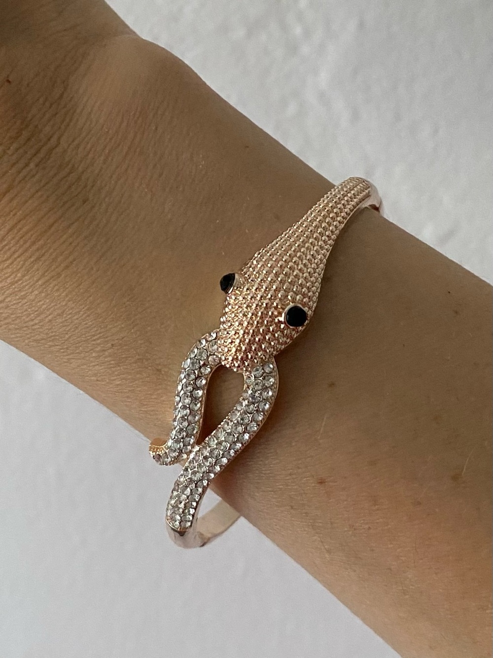 Rose Gold Black Eyed Snake Cuff Bracelet with Crystal-Studded Tail